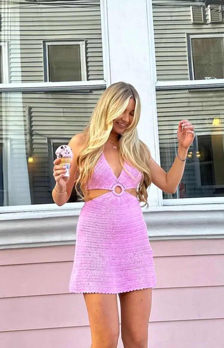 Love Sick Pink Crochet Halter Mini Dress