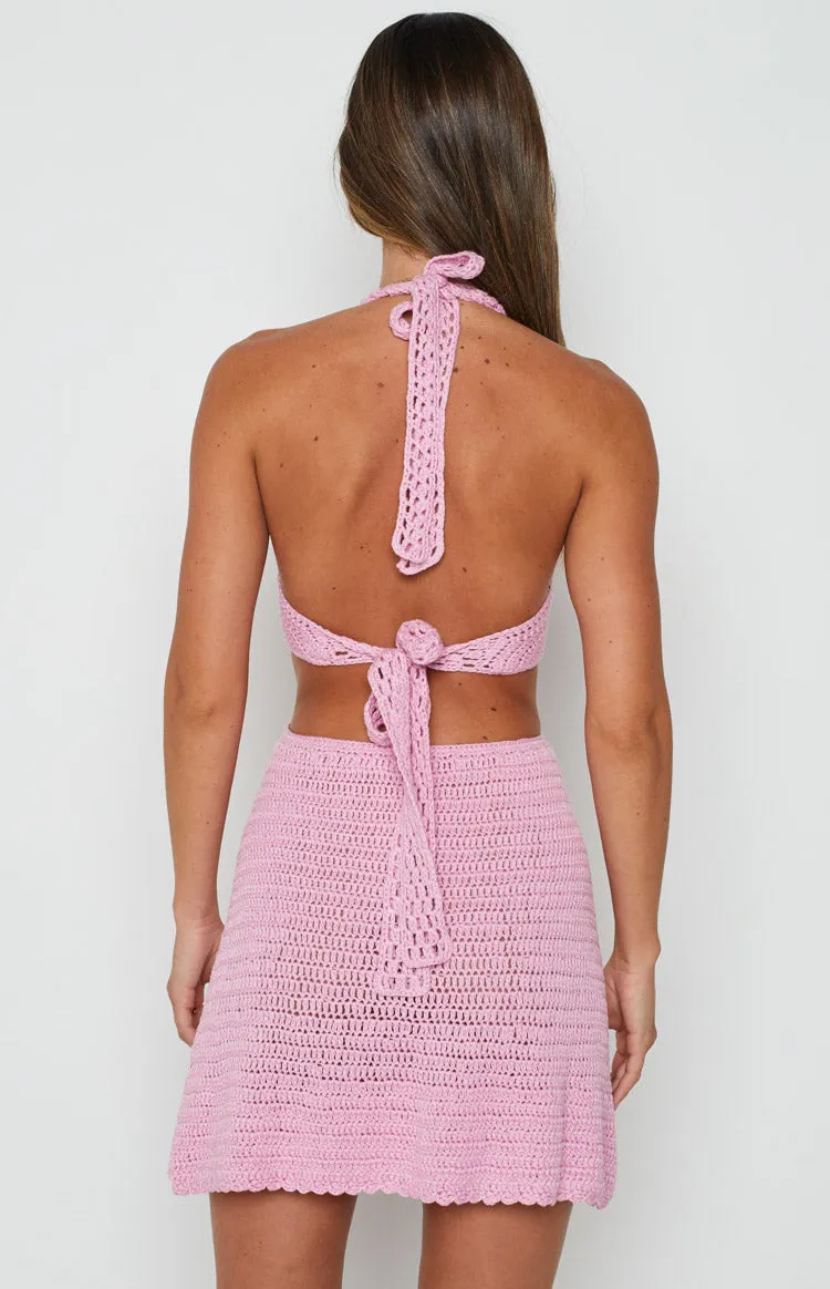 Love Sick Pink Crochet Halter Mini Dress