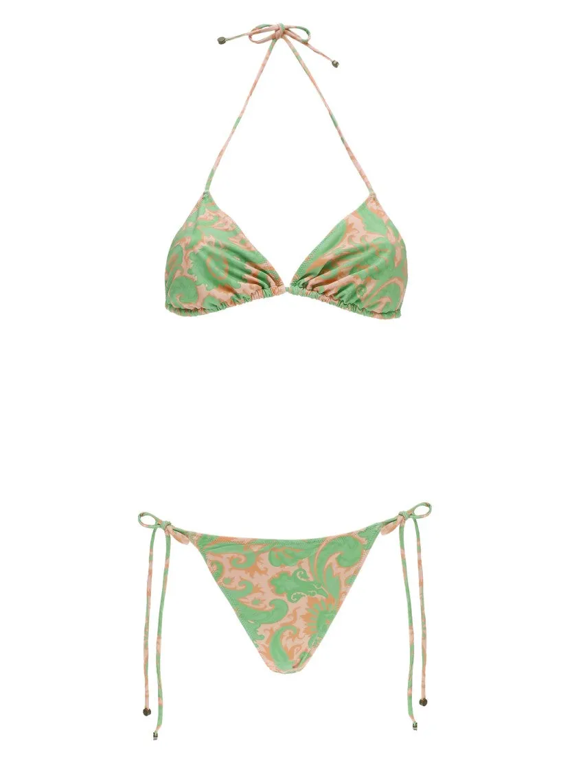 Paisley Print Triangle Bikini With Self-Tie Laces