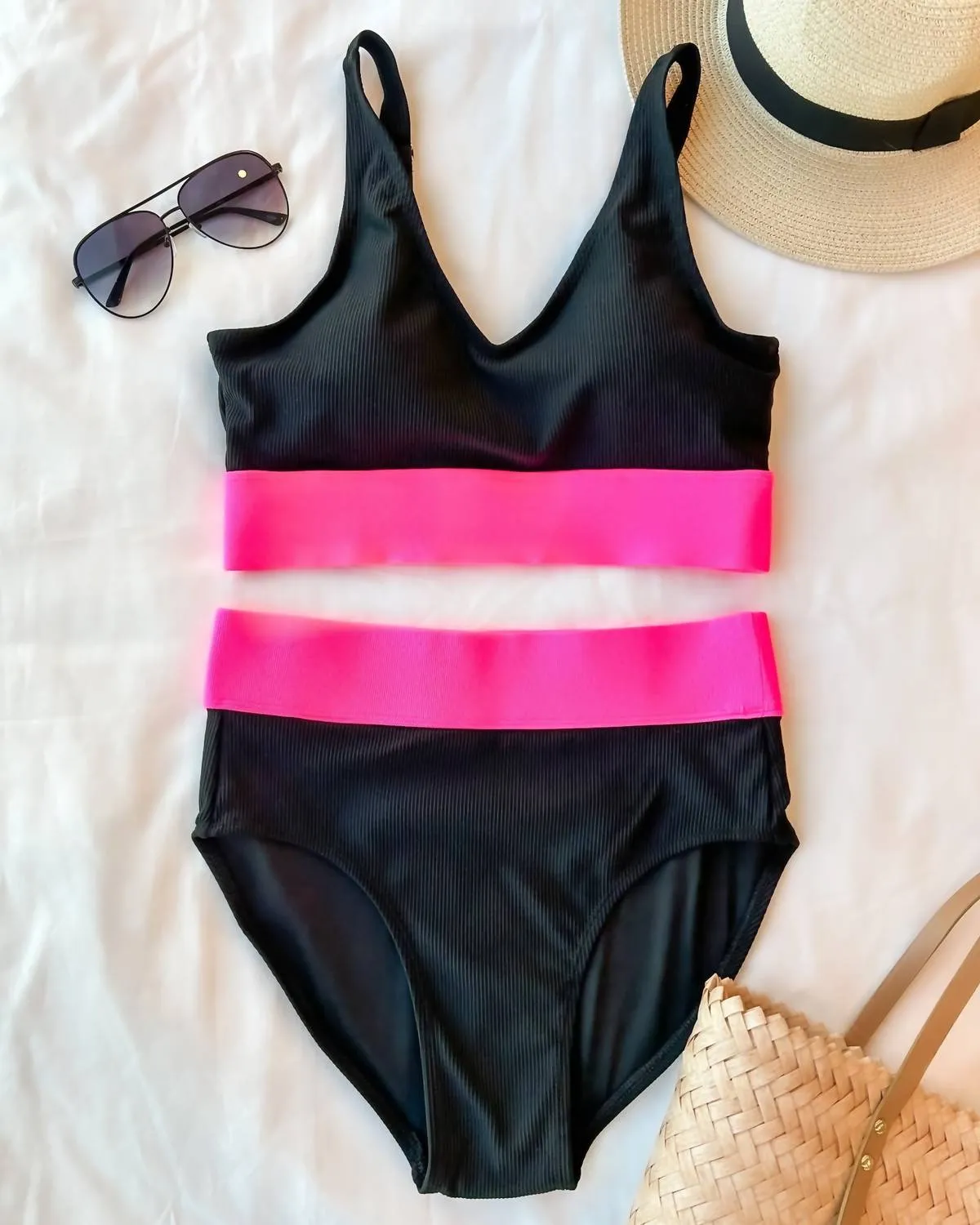 Ray Of Sunshine Swim Bottoms In Black & Neon Pink