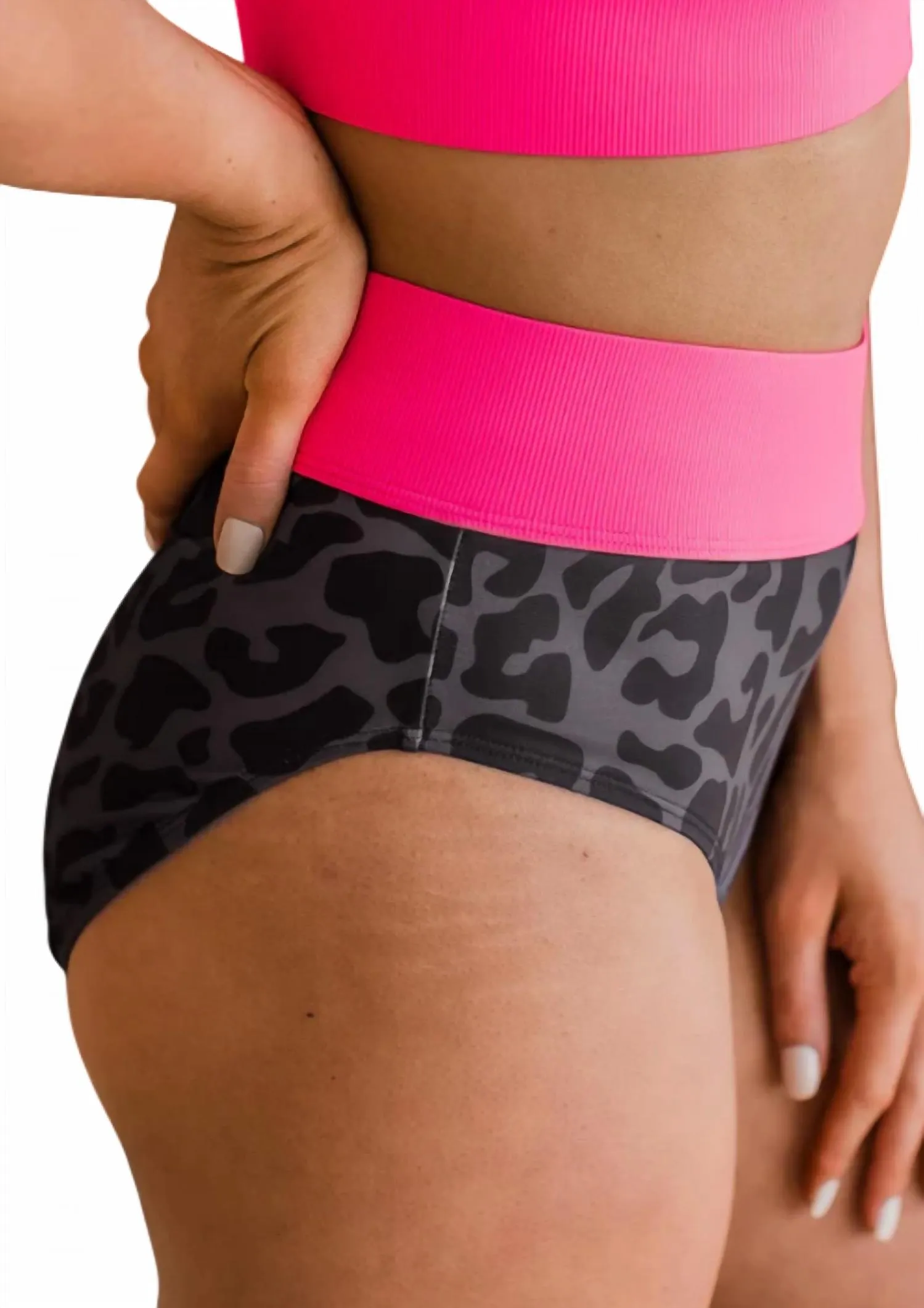 Ray Of Sunshine Swim Bottoms In Charcoal Leopard & Neon Pink