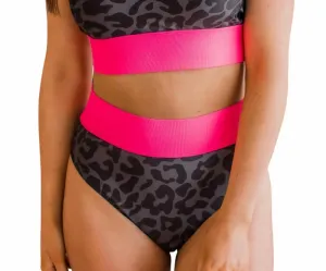 Ray Of Sunshine Swim Bottoms In Charcoal Leopard & Neon Pink