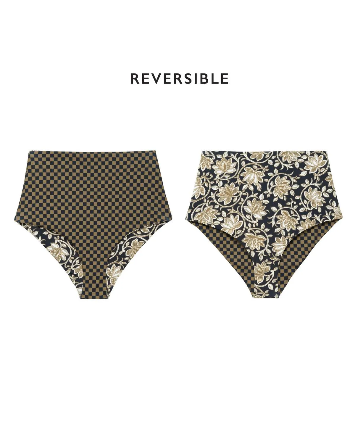 Reversible Mid Rise Brief In Black Oasis Floral And Bronze Check