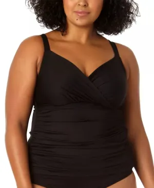 Surplice Neck Rushed Tankini Top In Black