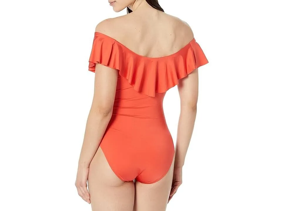 Trina Turk Monaco Swimsuit Womens Coral Ruffle Off The Shoulder One-Piece JDM369