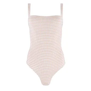 women's brown crinkle gingham low back one piece