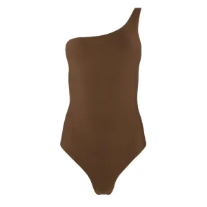 women's crme and dark brown one shoulder reversible one piece