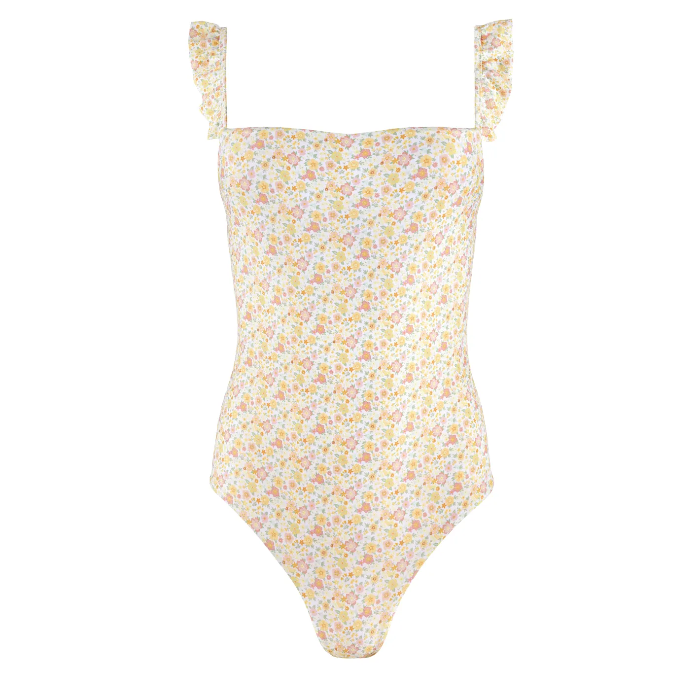 women's marigold floral low back ruffle one piece