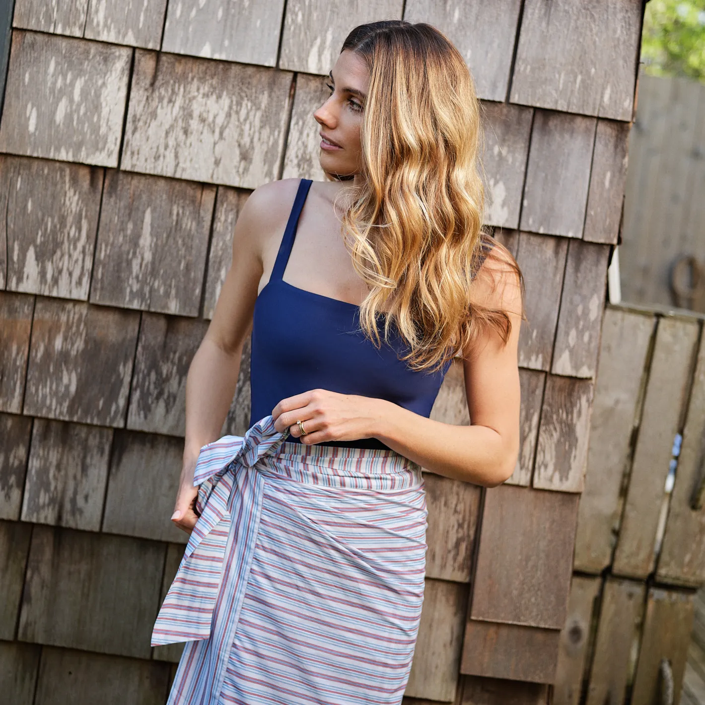 women's navy low back one piece