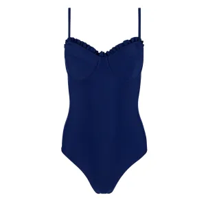 women's navy ruffle edge one piece