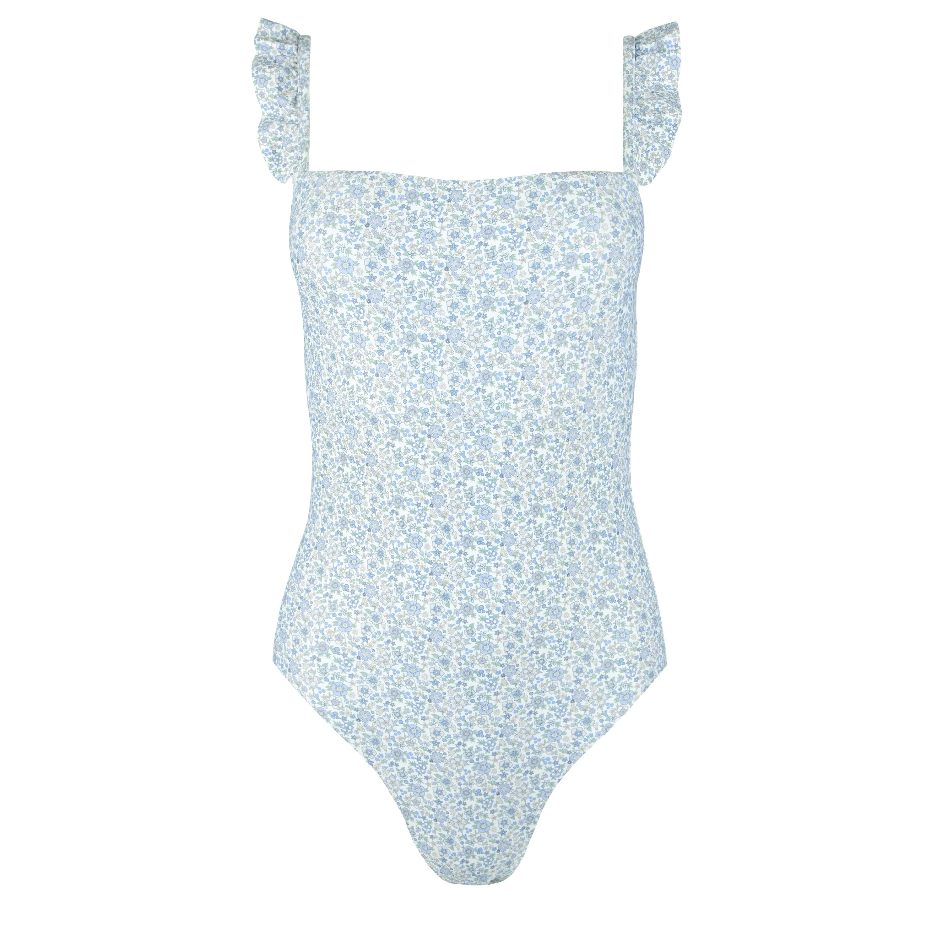 women's slate floral low back ruffle one piece