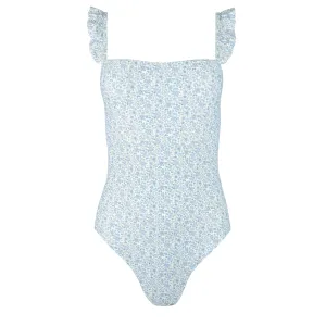 women's slate floral low back ruffle one piece