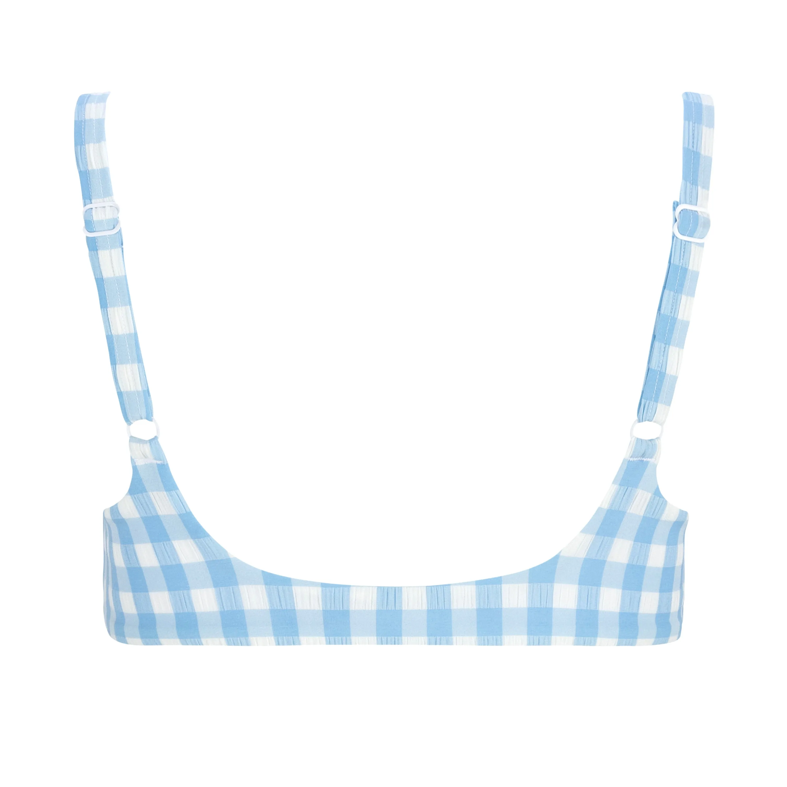 women's surfside blue crinkle gingham scoop neck bikini top